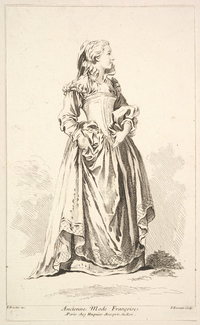 Oude Franse mode, uit Recueil de diverses figures étrangères door Simon Francois Ravenet