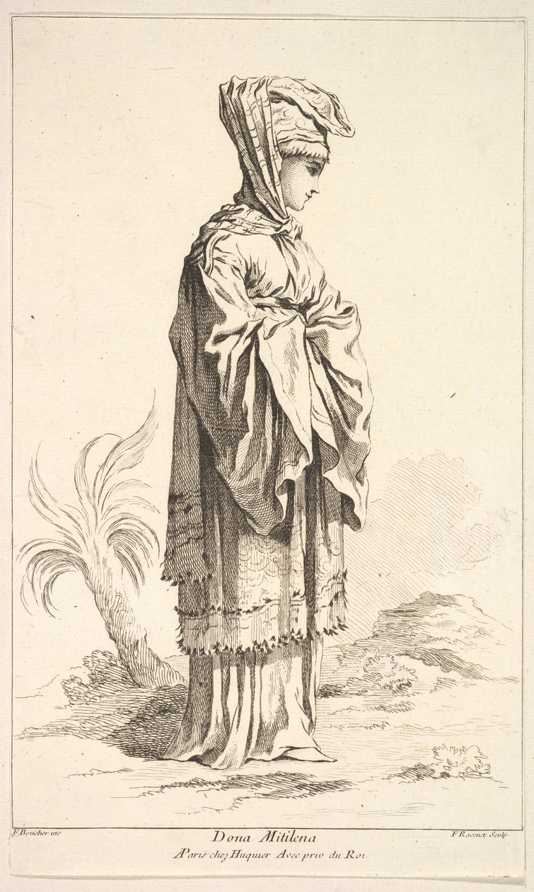 Dona Mitilena, uit Recueil de diverses figures étrangères Inventées par F. Bouche door Simon Francois Ravenet
