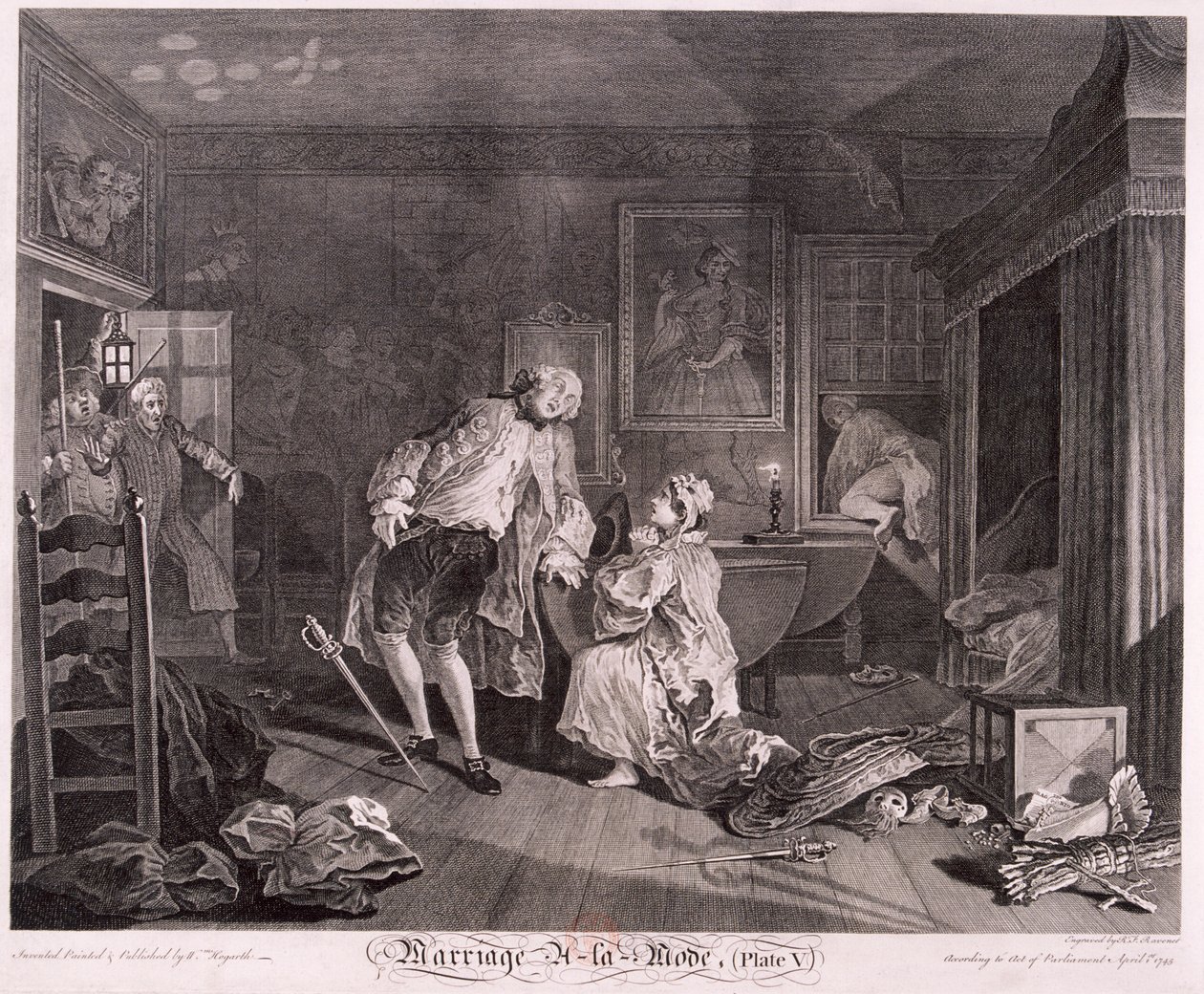 Marriage a la mode, Plaat V, 1745 door Simon Francois Ravenet