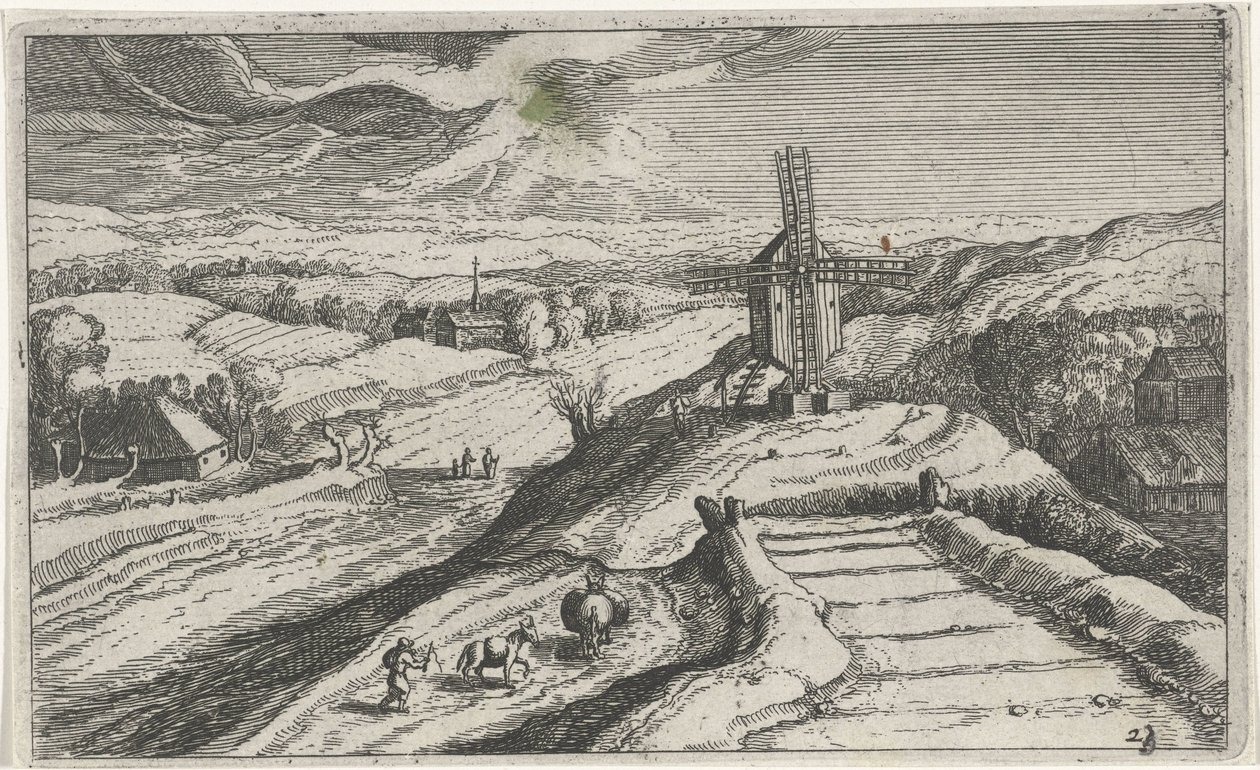 Heuvellandschap met een windmolen door Simon Frisius (attributed to)