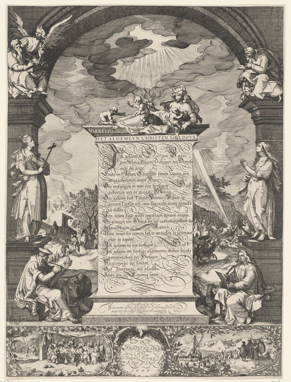 Allegorie op de geloofsbelijdenis met de vier evangelisten door Simon Frisius