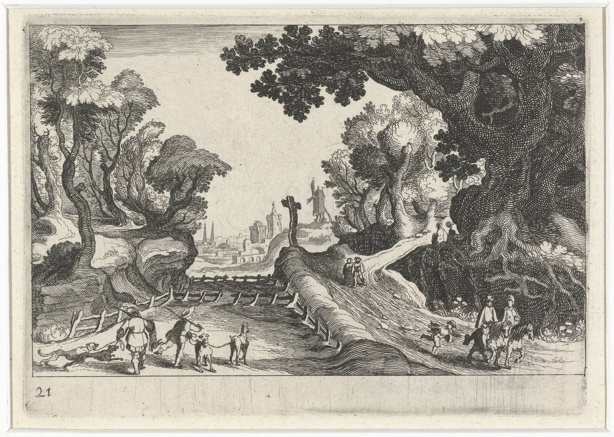 Boslandschap met een kruis langs een pad door Simon Frisius