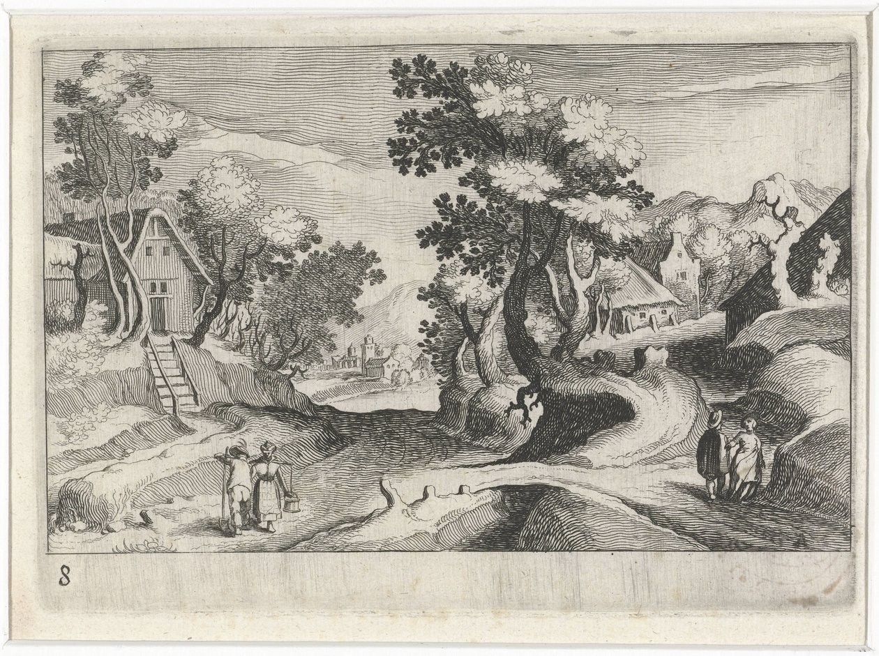 Bosrijk heuvellandschap met gebouwen en figuren door Simon Frisius