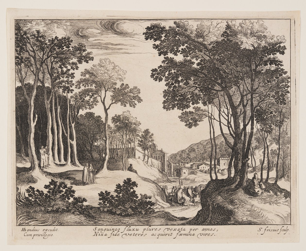 Christus geneest de bloedige vrouw, uit Landschappen met scènes uit het leven van Christus door Simon Frisius