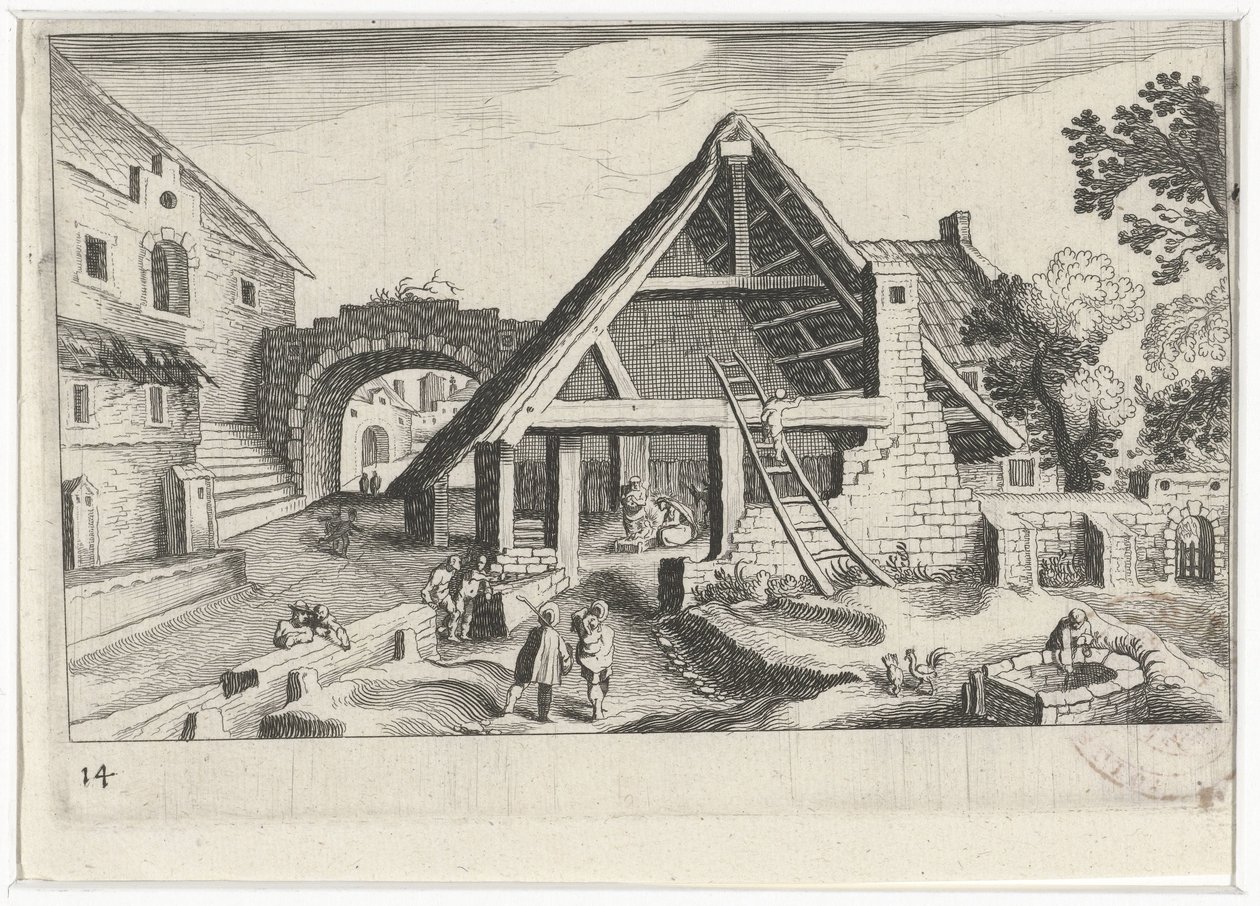 Dorpsgezicht met de Heilige Familie Zuid-Europese landschappen (serie titel) Topographia variarum regionum (serie titel) door Simon Frisius