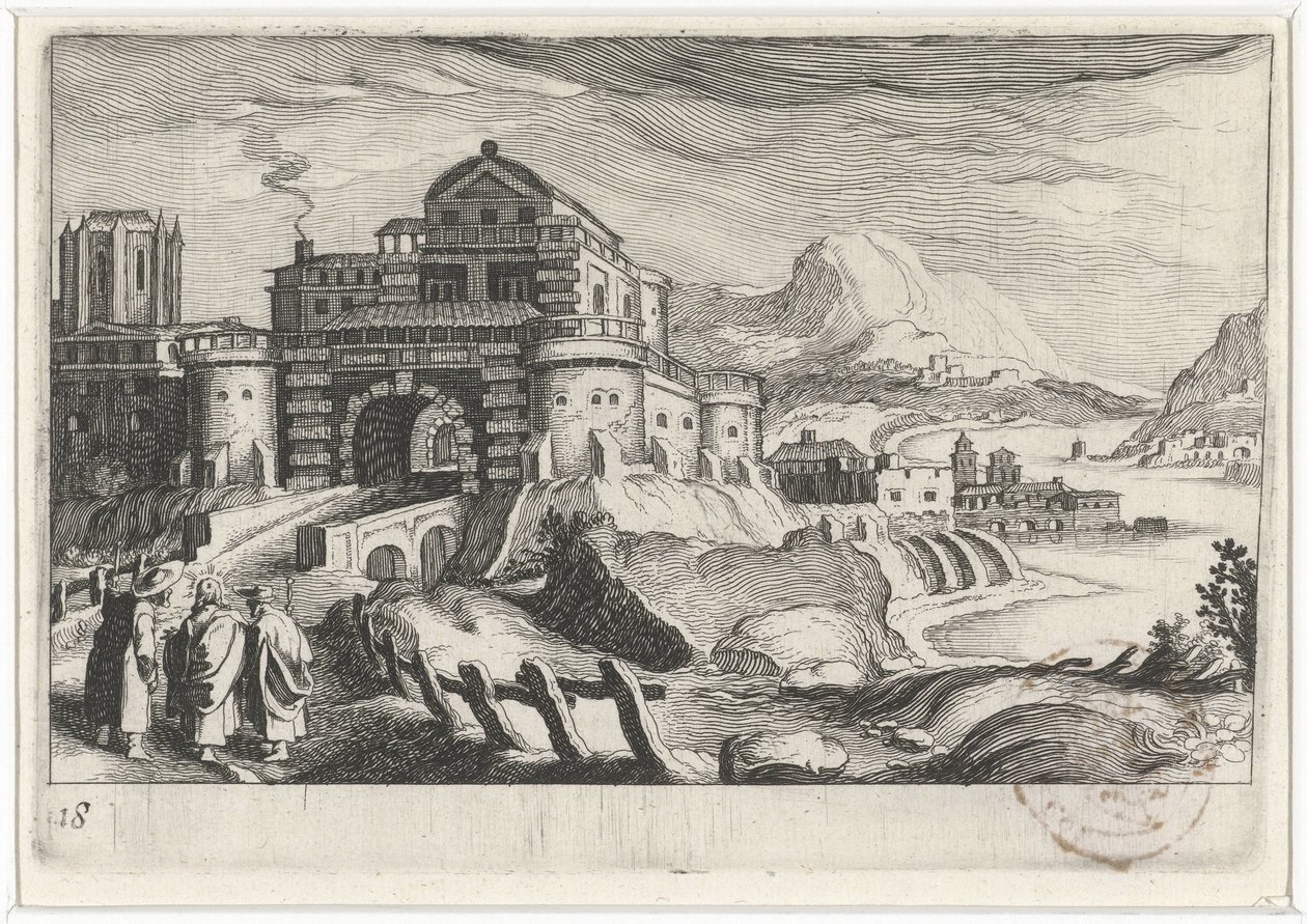 Emmaüsgangers voor een stadspoort in een berglandschap door Simon Frisius