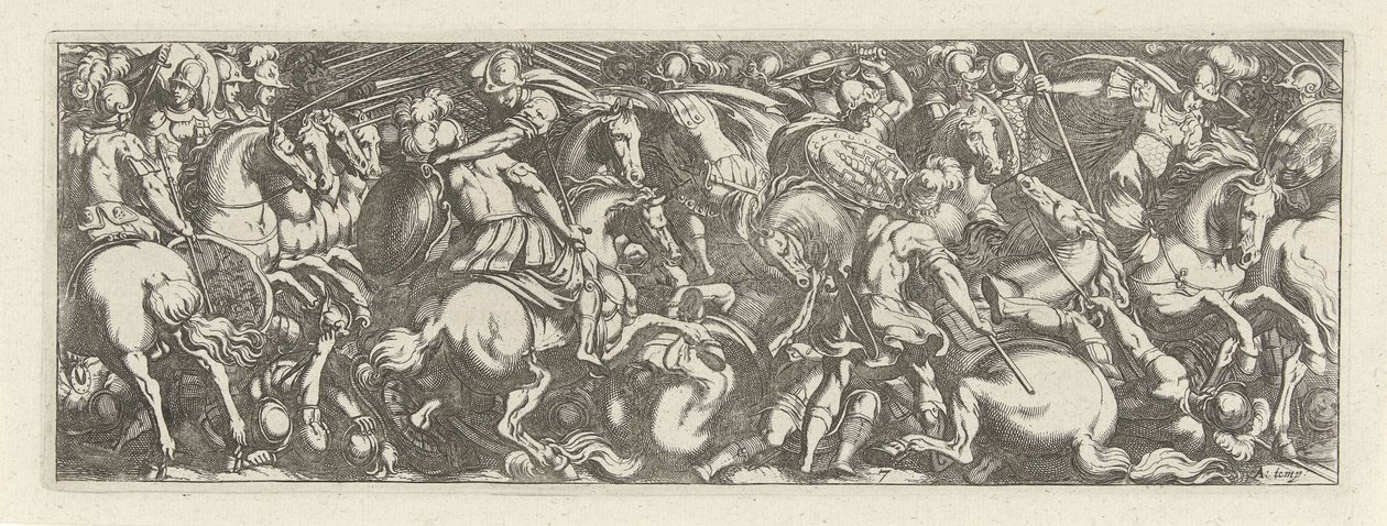 Gevecht tussen cavaleristen en infanteristen (Cavalerie, series title) Faecvnda qvam sit acris ingeni viris dilecta Phaebo et gratys Florentia, sat indicant pvgnae, enthea vi pectoris quas Mercuri sculpsit cliens tempestiv (series title) door Simon Frisius