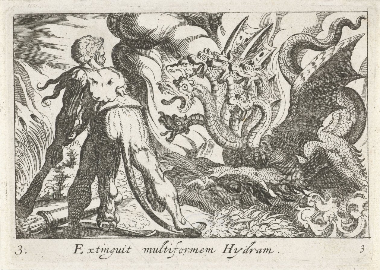 Hercules in gevecht met de hydra van Lerna door Simon Frisius