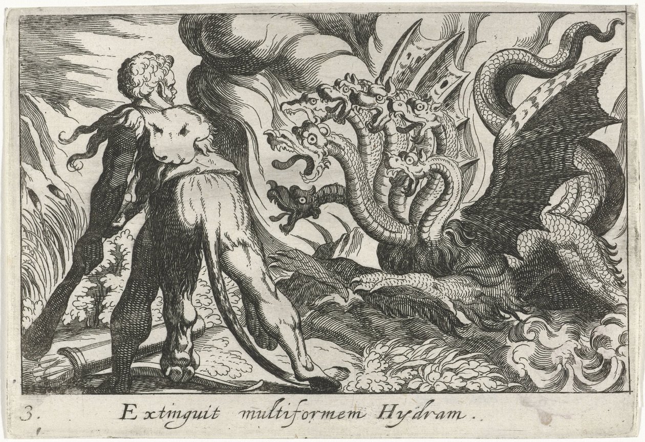 Hercules in gevecht met de hydra van Lerna door Simon Frisius