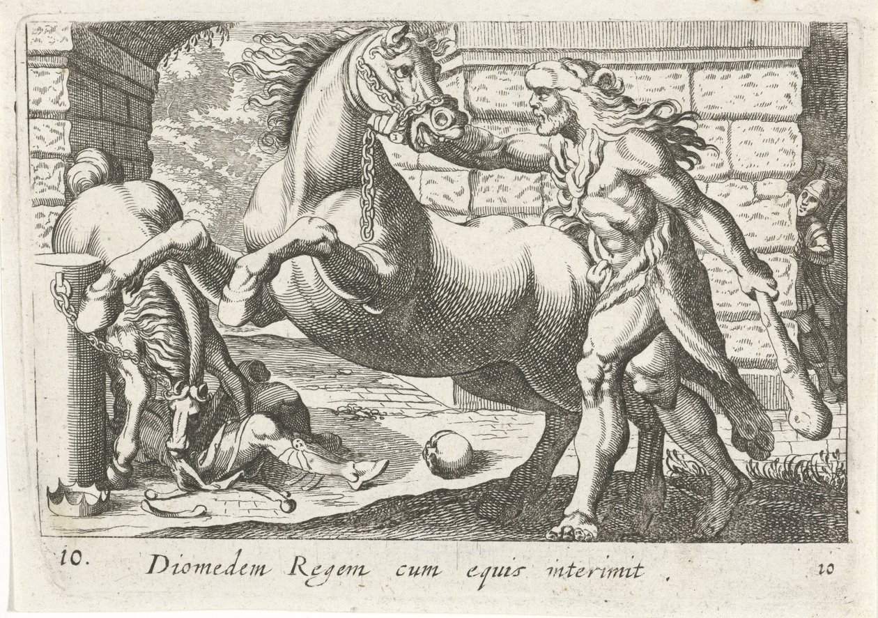 Hercules temt de paarden van Diomedes door Simon Frisius