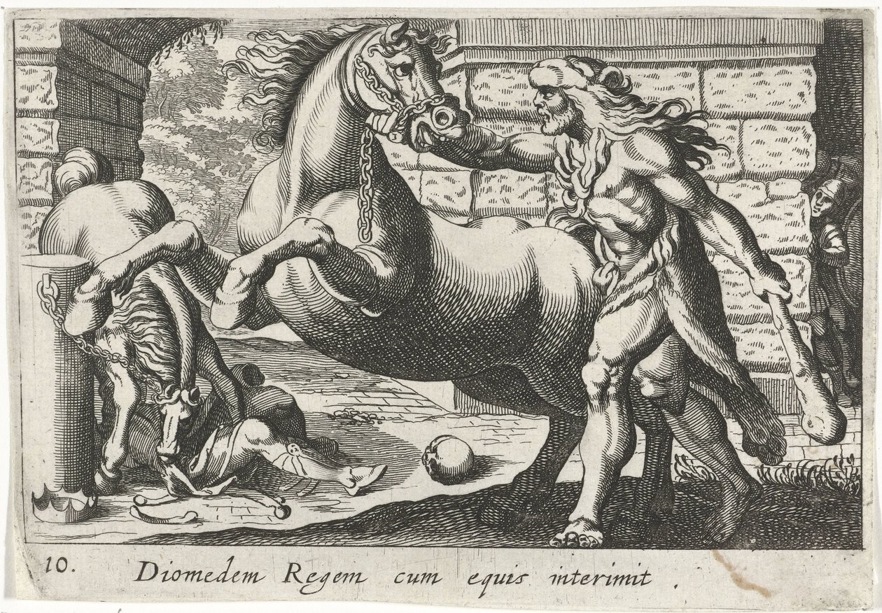 Hercules temt de paarden van Diomedes door Simon Frisius