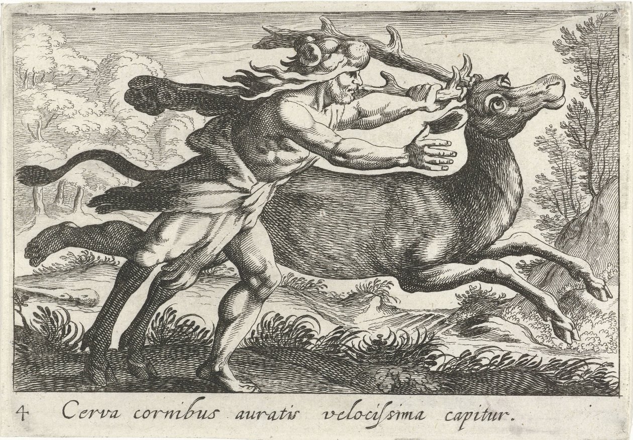 Hercules vangt de hinde van Cerynea door Simon Frisius