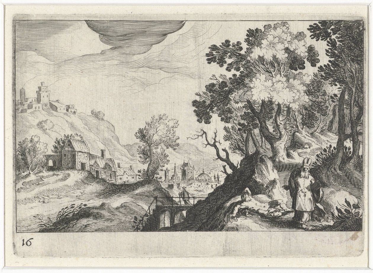 Heuvellandschap met de Barmhartige Samaritaan door Simon Frisius