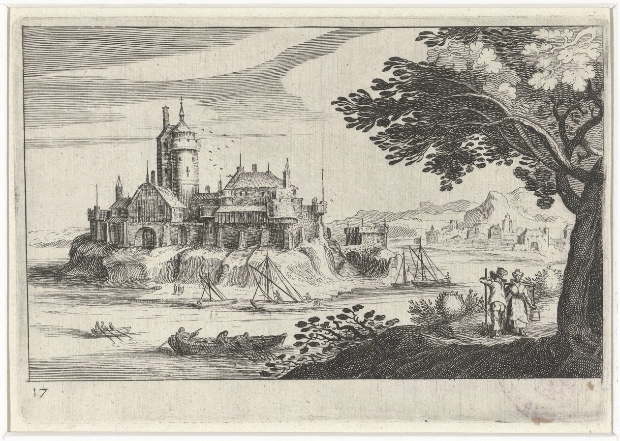 Heuvellandschap met een kasteel op een eiland door Simon Frisius