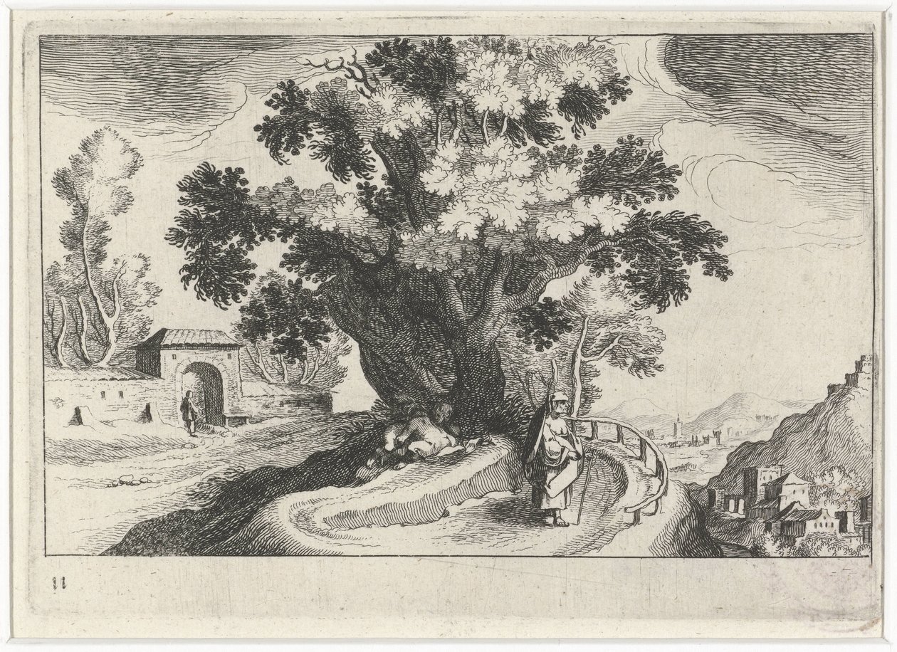 Heuvellandschap met vrijende figuren onder een boom door Simon Frisius