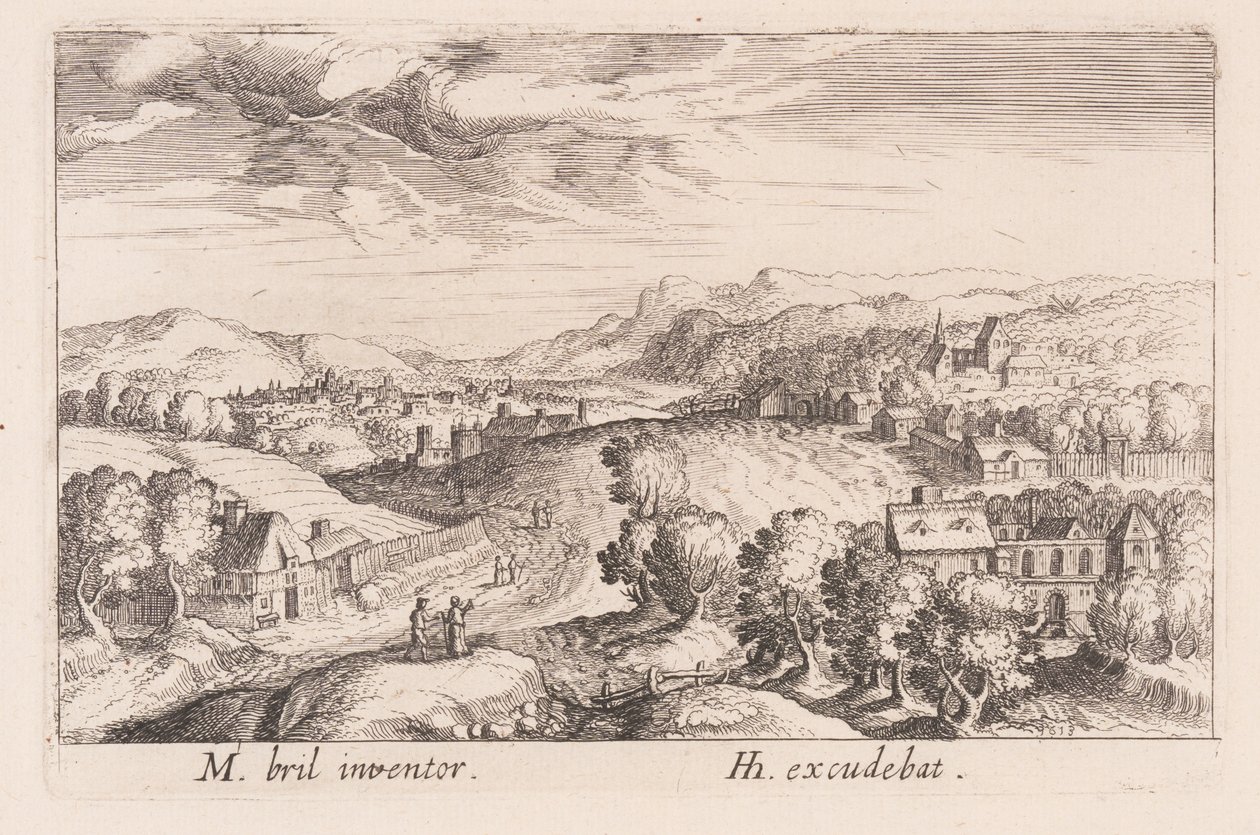 Heuvelachtig landschap met drie paren, uit Topographia Variarum Regionum door Simon Frisius