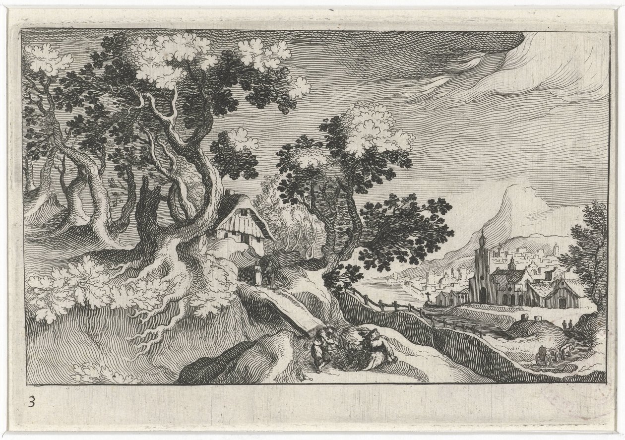 Landschap met enkele gebouwen door Simon Frisius