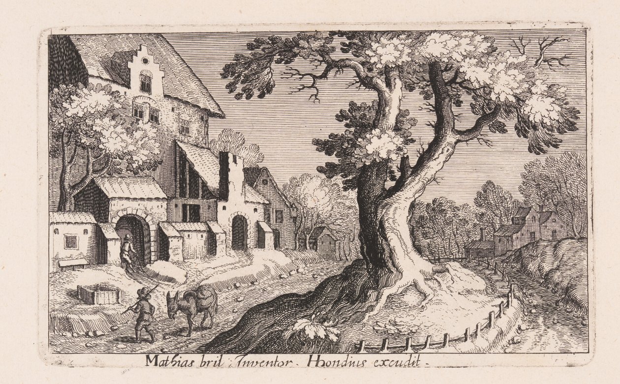 Man met ezel die door een dorp loopt, uit Topographia Variarum Regionum door Simon Frisius