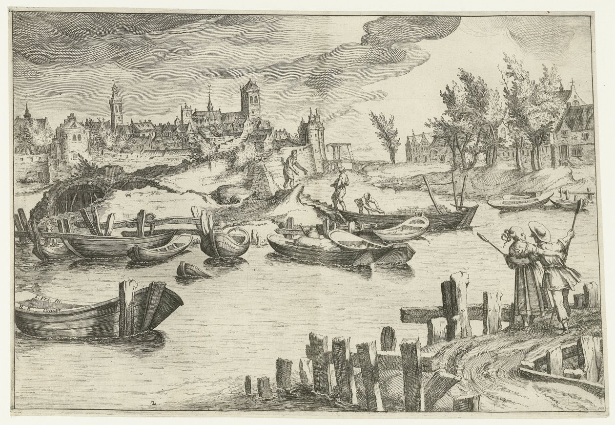 Rivierlandschap met een stad op de achtergrond door Simon Frisius