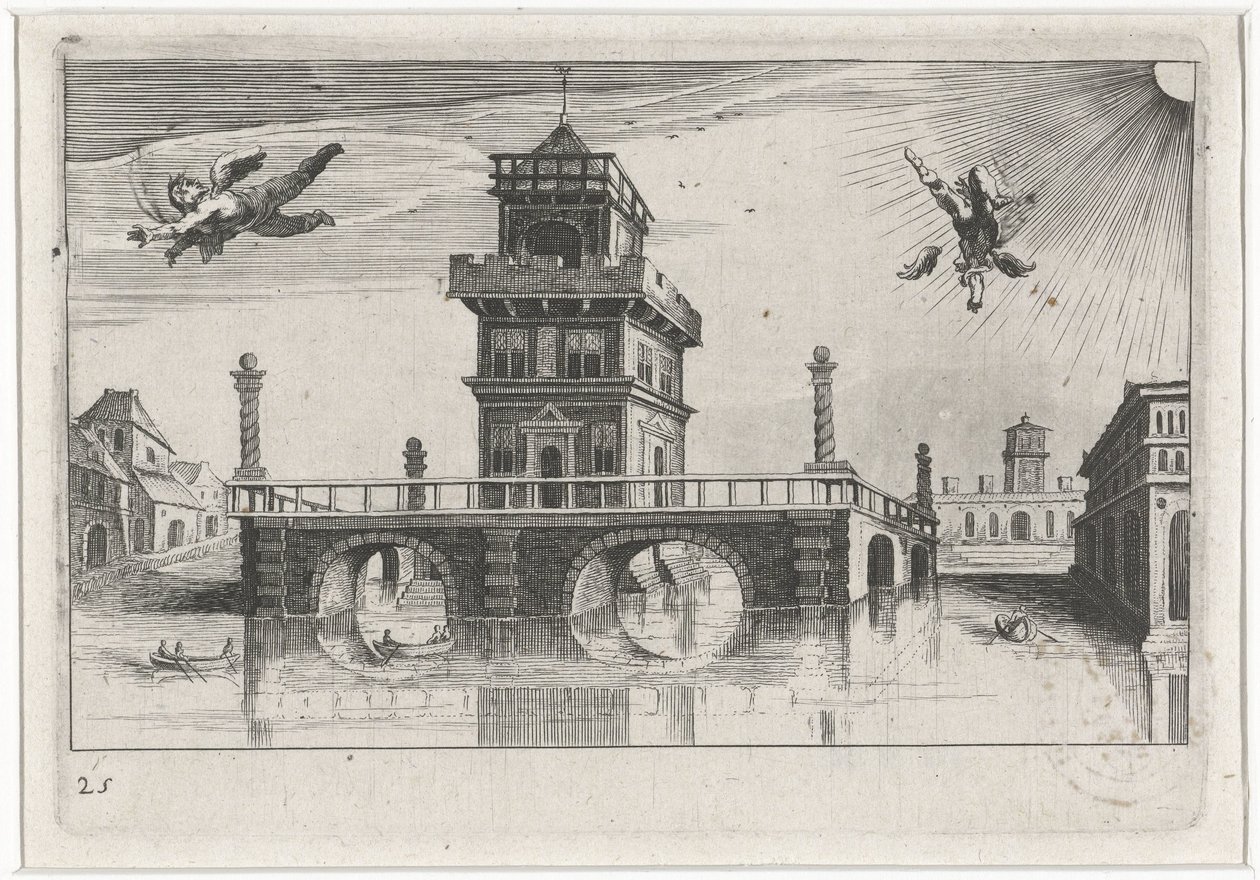 Stadsgezicht met Icarus en Daedalus Zuid-Europese landschappen (serie titel) Topographia variarum regionum (serie titel) door Simon Frisius