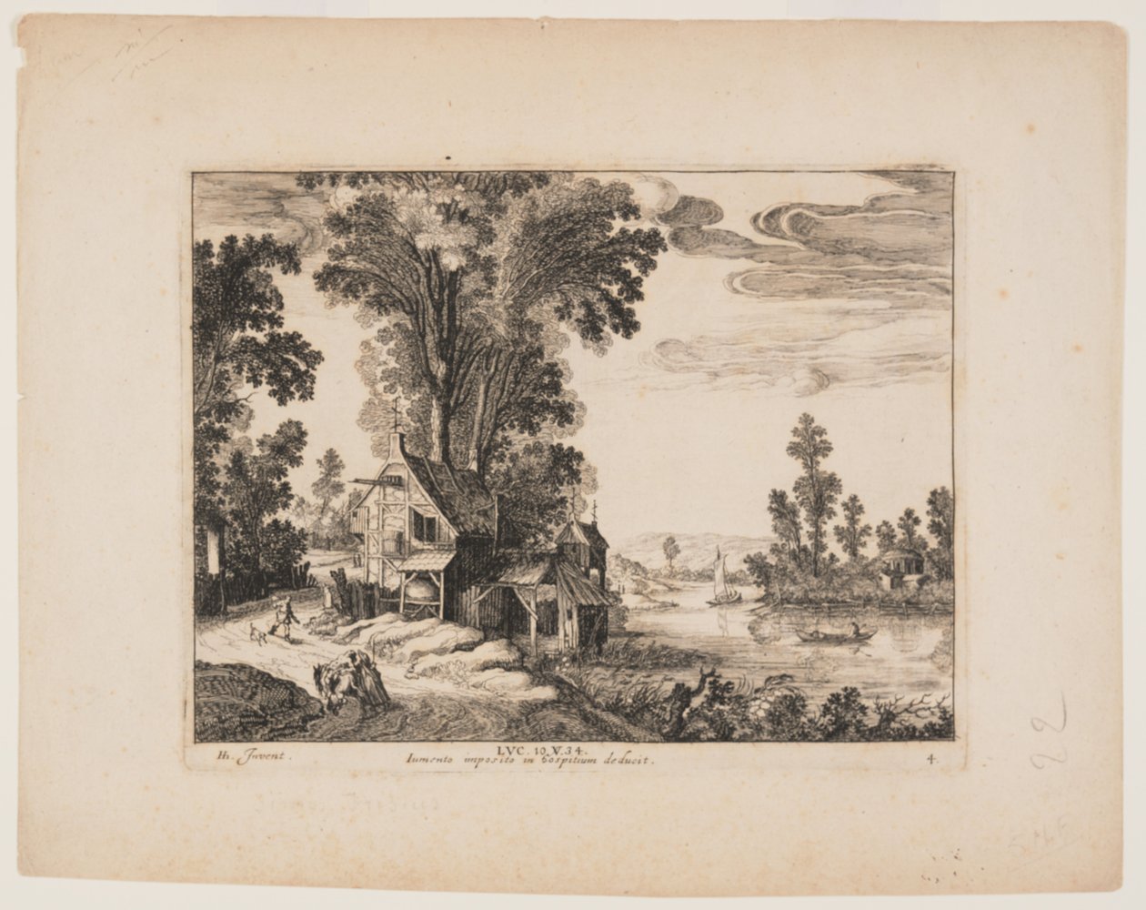 De Samaritaan nadert de herberg, uit Landschappen met het verhaal van de barmhartige Samaritaan door Simon Frisius