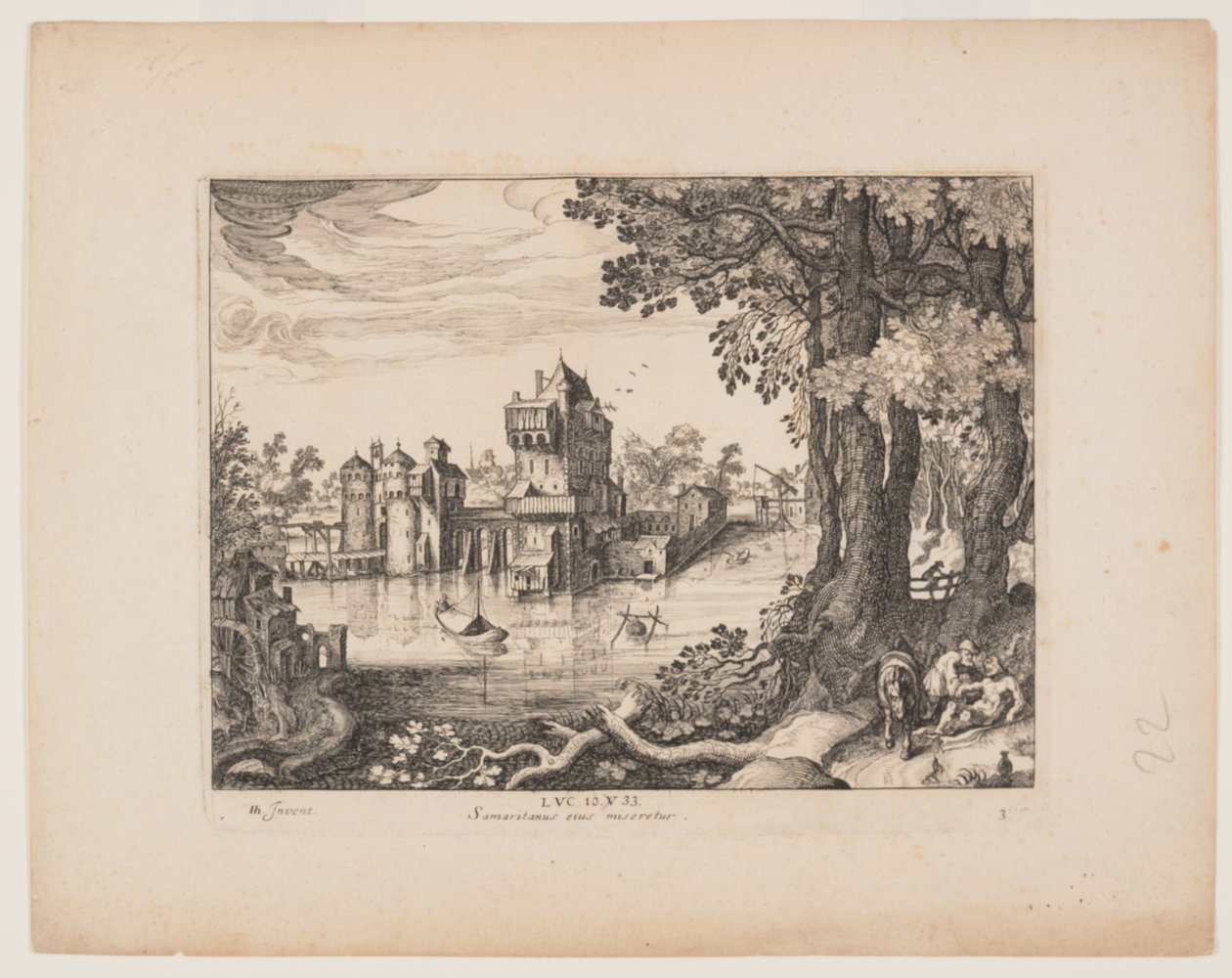 De Samaritaan vindt de man, uit Landschappen met het verhaal van de barmhartige Samaritaan door Simon Frisius