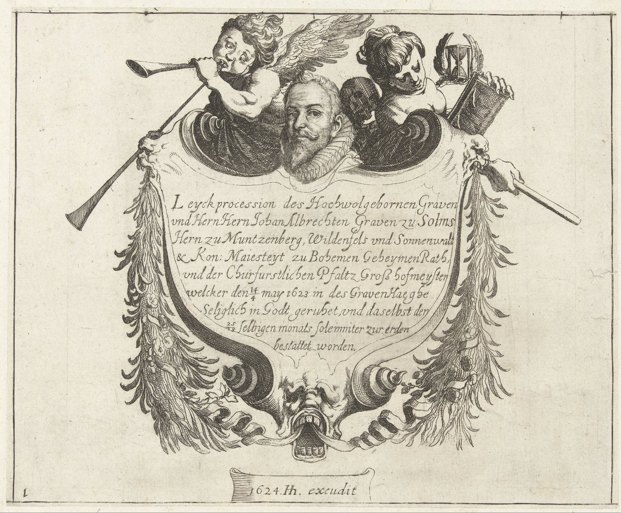 Titelprent voor de begrafenisoptocht van Johann Albrecht, graaf van Solms, 1623 door Simon Frisius