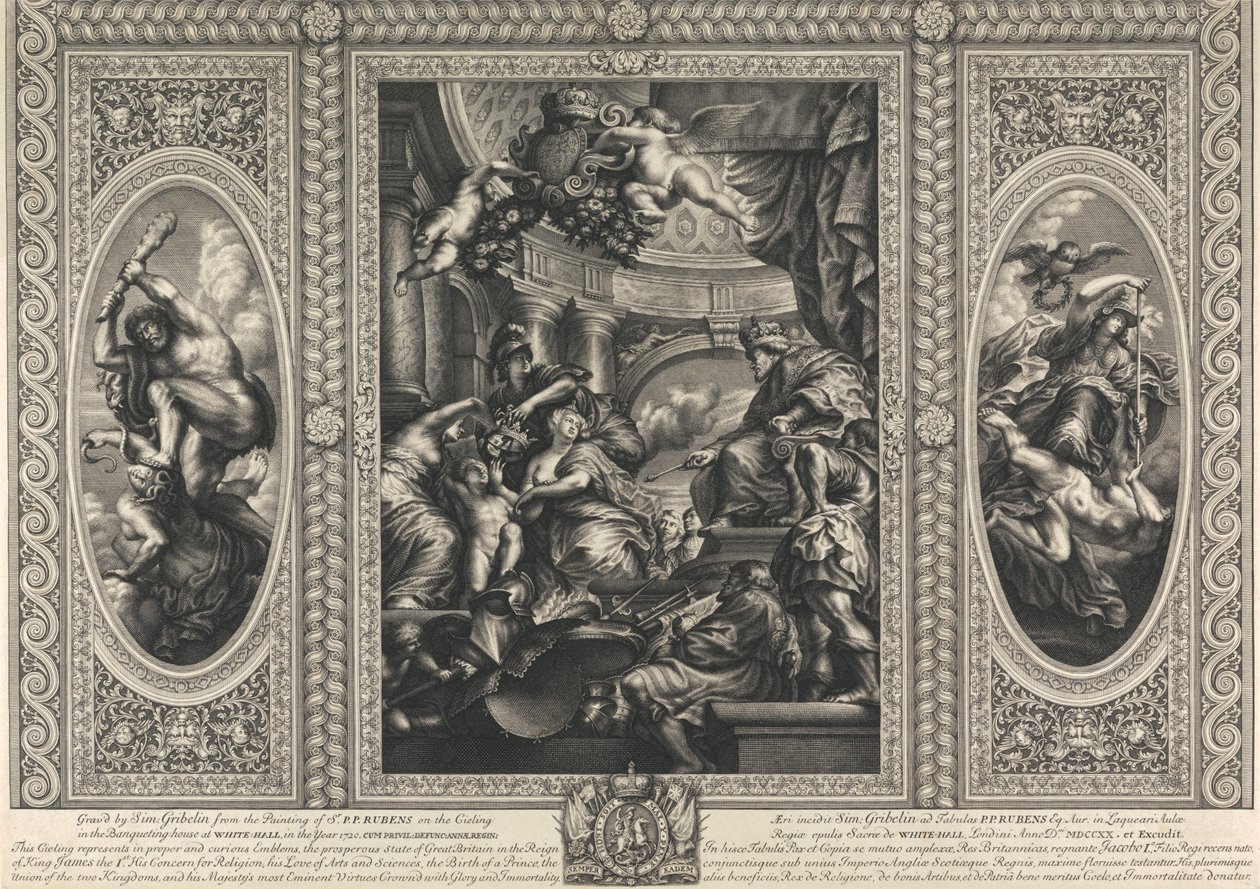 Het plafond van het banketgebouw in Whitehall: De unie van de kronen van Engeland en Schotland door Simon Gribelin