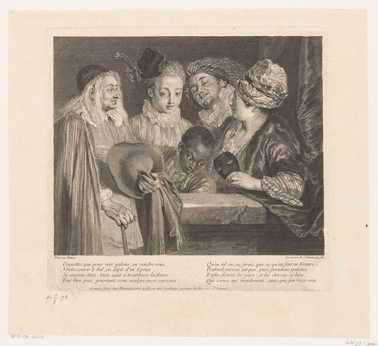 Gezelschap van vijf acteurs bij een parapet Oeuvre van Antoine Watteau door Simon Henri Thomassin