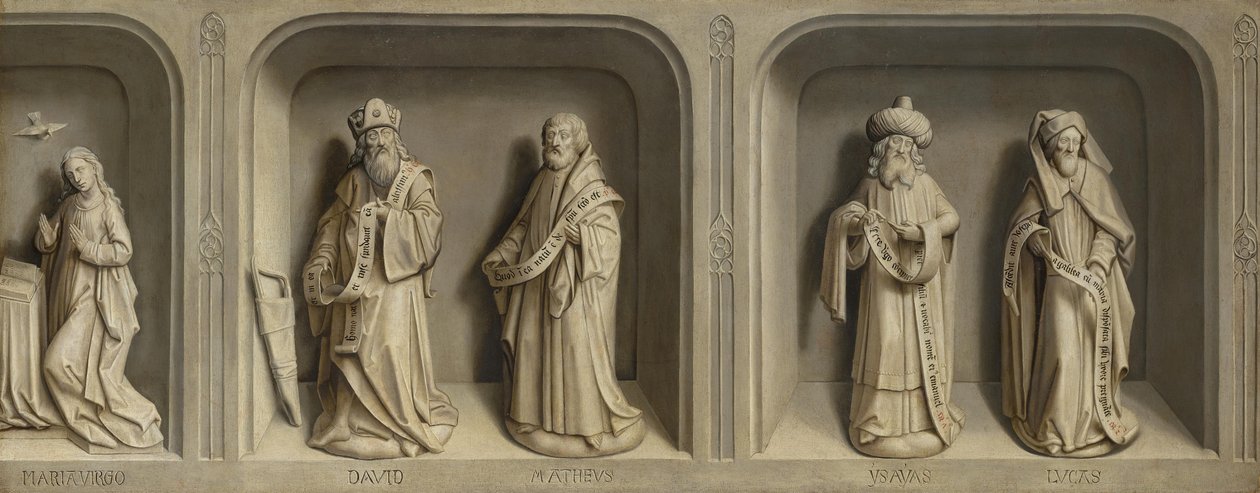 Taferelen uit het leven van de heilige Bertin en de Annunciatie aan Maria met profeten en evangelisten door Simon Marmion