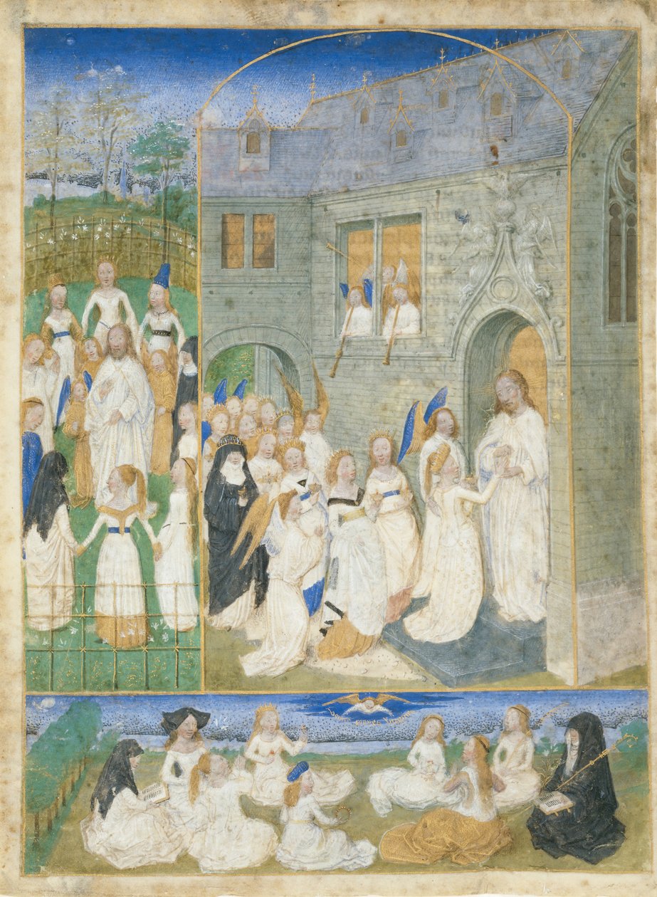De Heilige Maagden begroet door Christus bij het betreden van de Poorten van het Paradijs, ca. 1467-70 door Simon Marmion