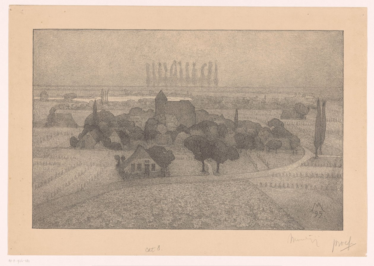 Landschap met dorp bij een rivier door Simon Moulijn (signed by artist)