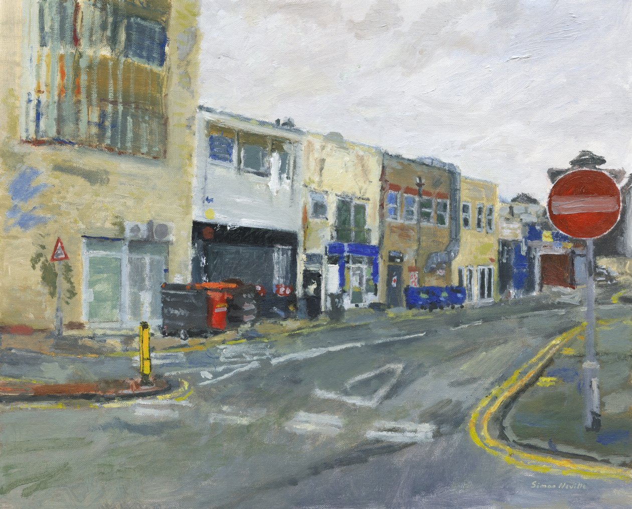 Achterzijde winkelpassage, 2025 (olieverf op canvasboard) door Simon Neville