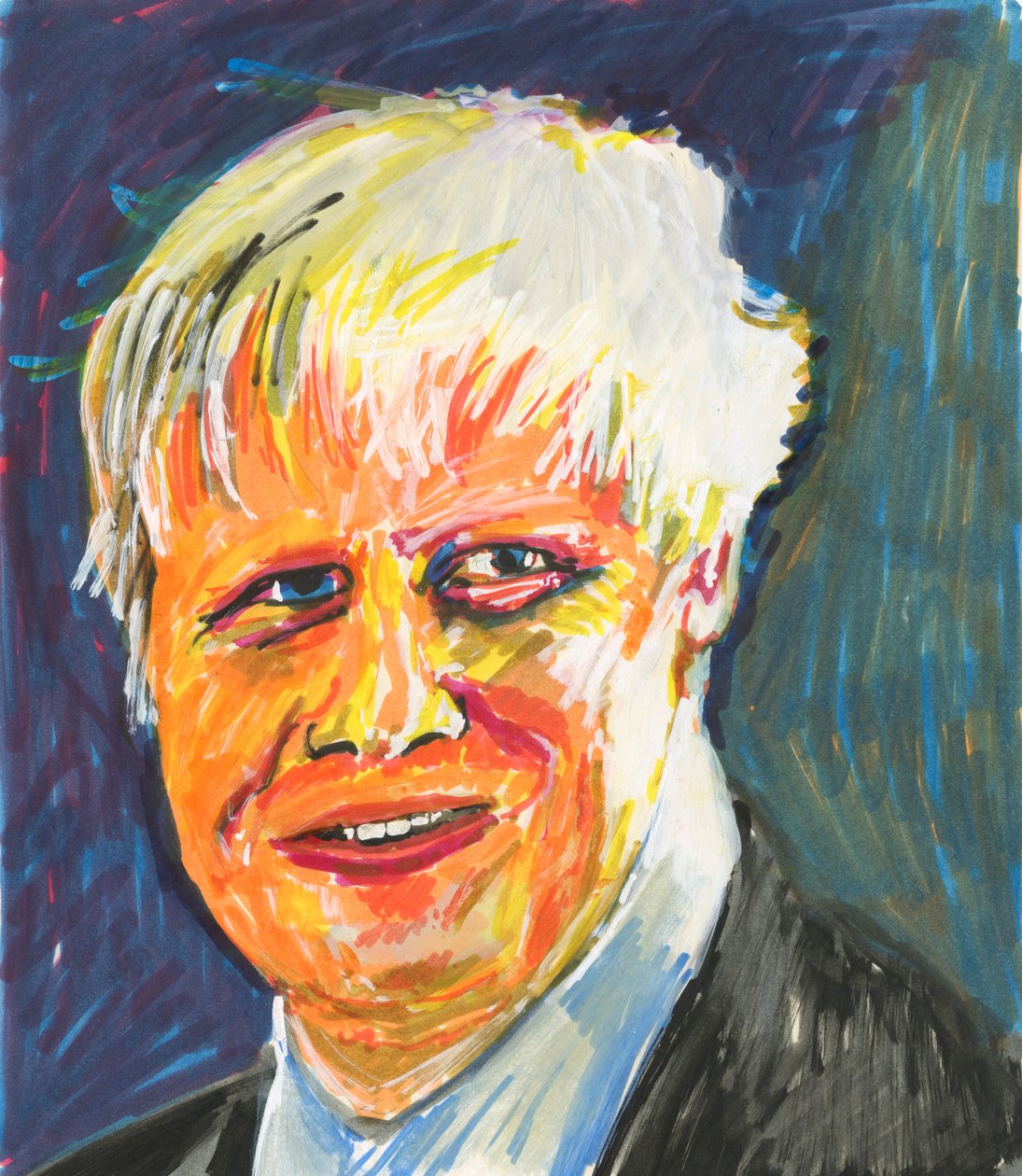 Boris Johnson, 2019 (inkt en acrylverfstiften op papier) door Simon Neville