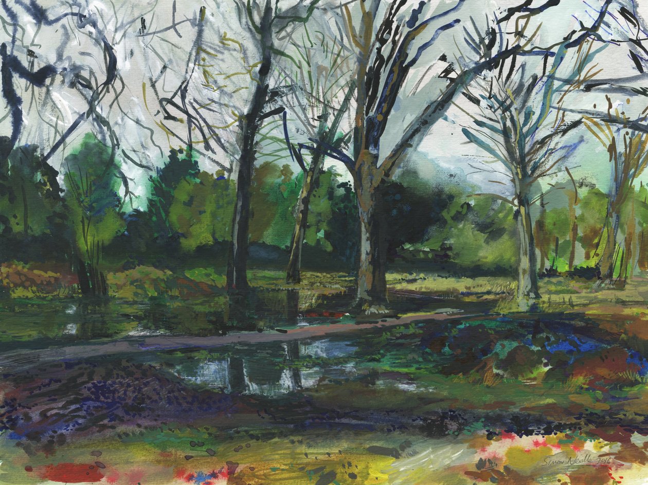 Overstroming, Richmond Park (aquarel, gouache, aquarelpotlood en inkt op papier) door Simon Neville