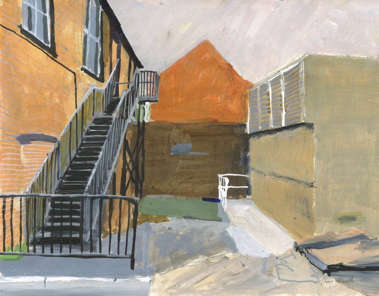 Kleine binnenplaats, Wandsworth, 2025 (acryl, acrylverfpennen, Oost-Indische inktpennen, inktpennen op oliebasis en grafiet op papier) door Simon Neville