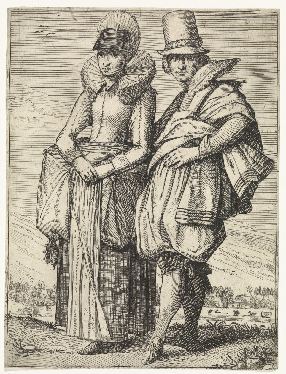Man en vrouw gekleed volgens de mode van ca. 1625 door Simon Poelenburg (attributed to)