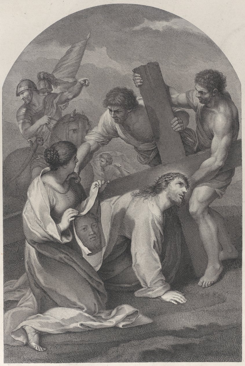 Christus gevallen onder het gewicht van het kruis, met twee mannen die helpen, ca. 1729 door Simon Vallee