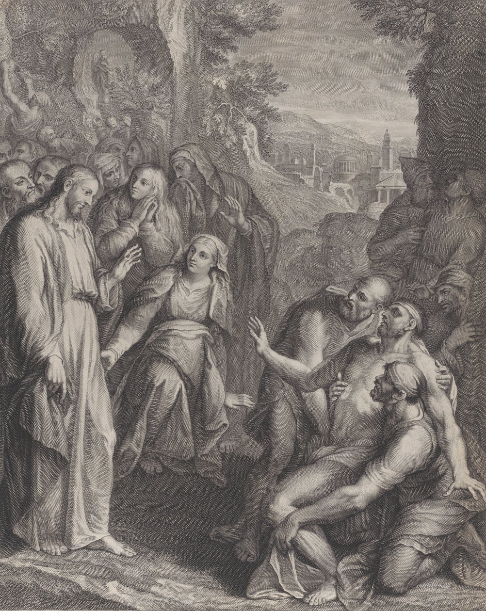 De Opwekking van Lazarus, met Christus staand links door Simon Vallee