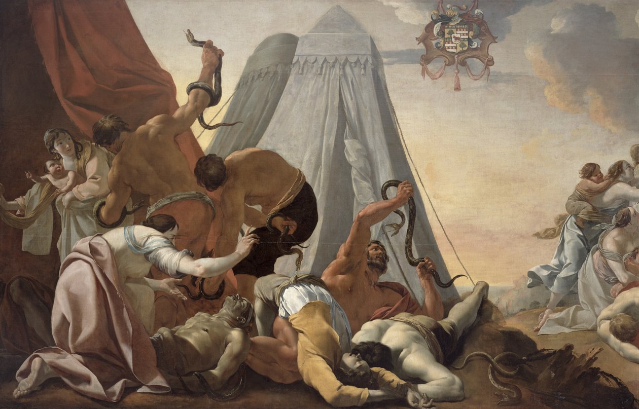 Israëlieten die naar de koperen slang moeten kijken door Simon Vouet