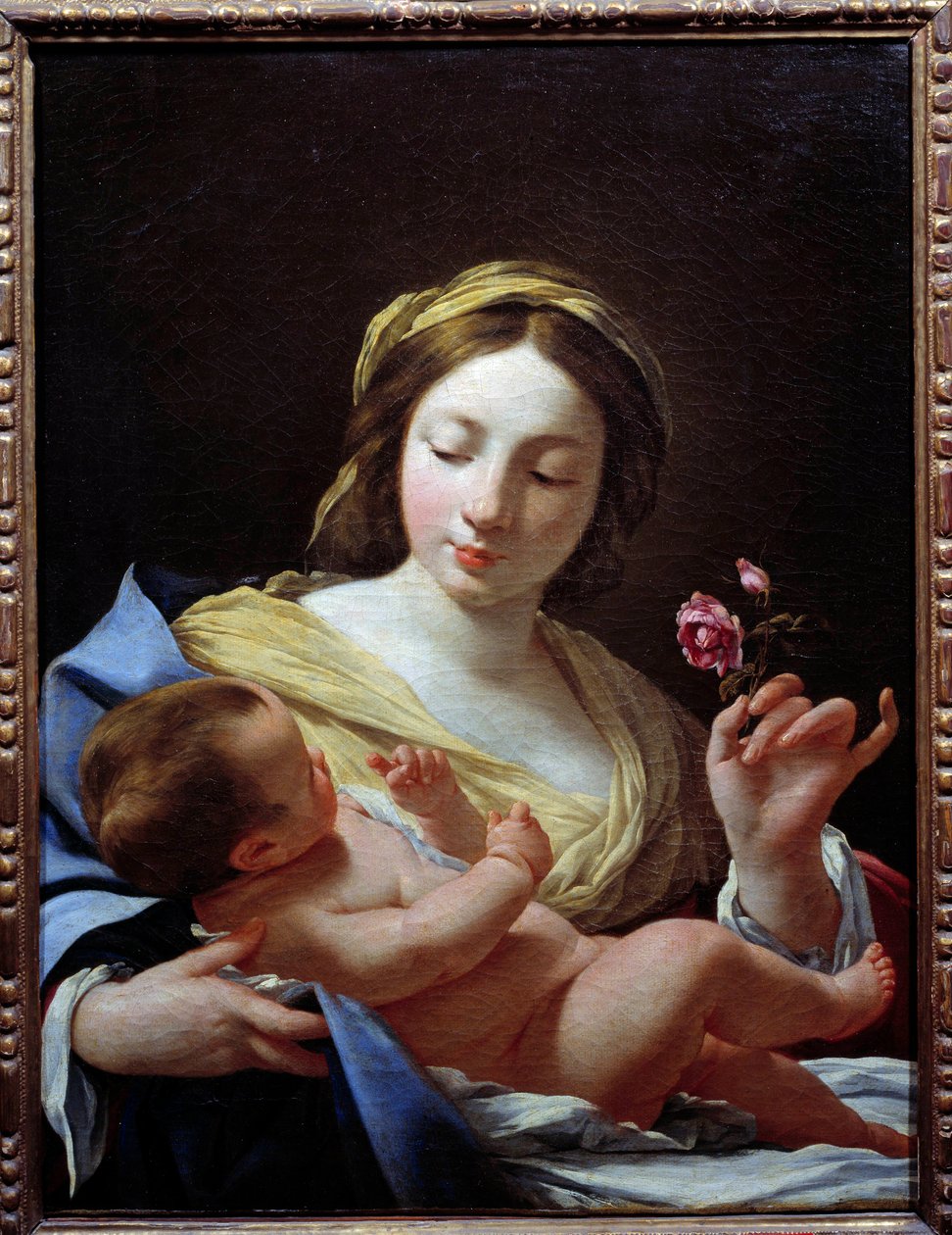 De Maagd een Kind en een Roos Schilderij door Simon Vouet (1590-1649) 1627 Marseille, Musee des Beaux Arts door Simon Vouet
