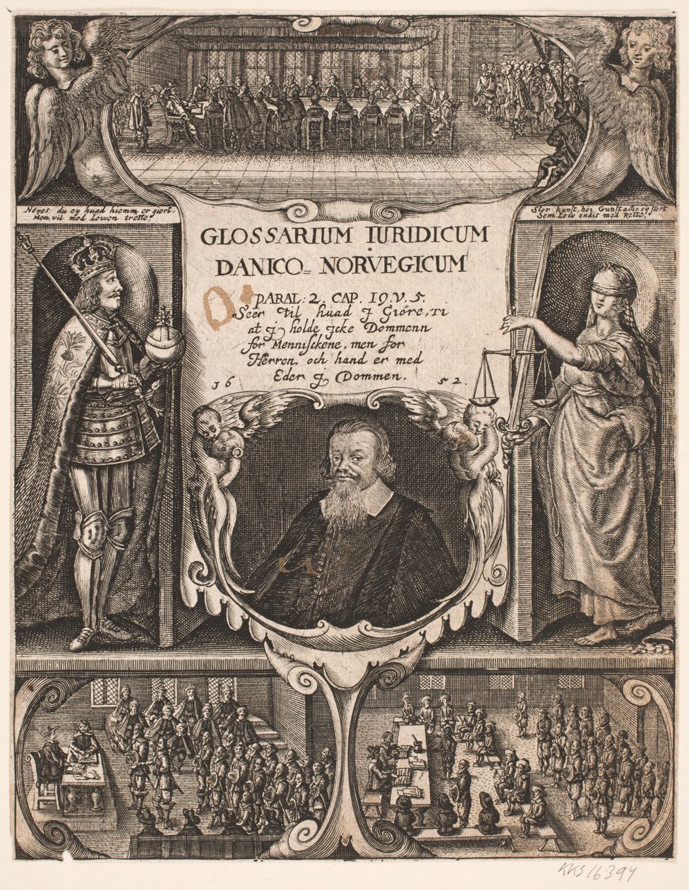 Titelblad met portret van C.O. Veile voor "Glosarium juridicum Danico - Norvegicum", 1652 door Simon de Pas