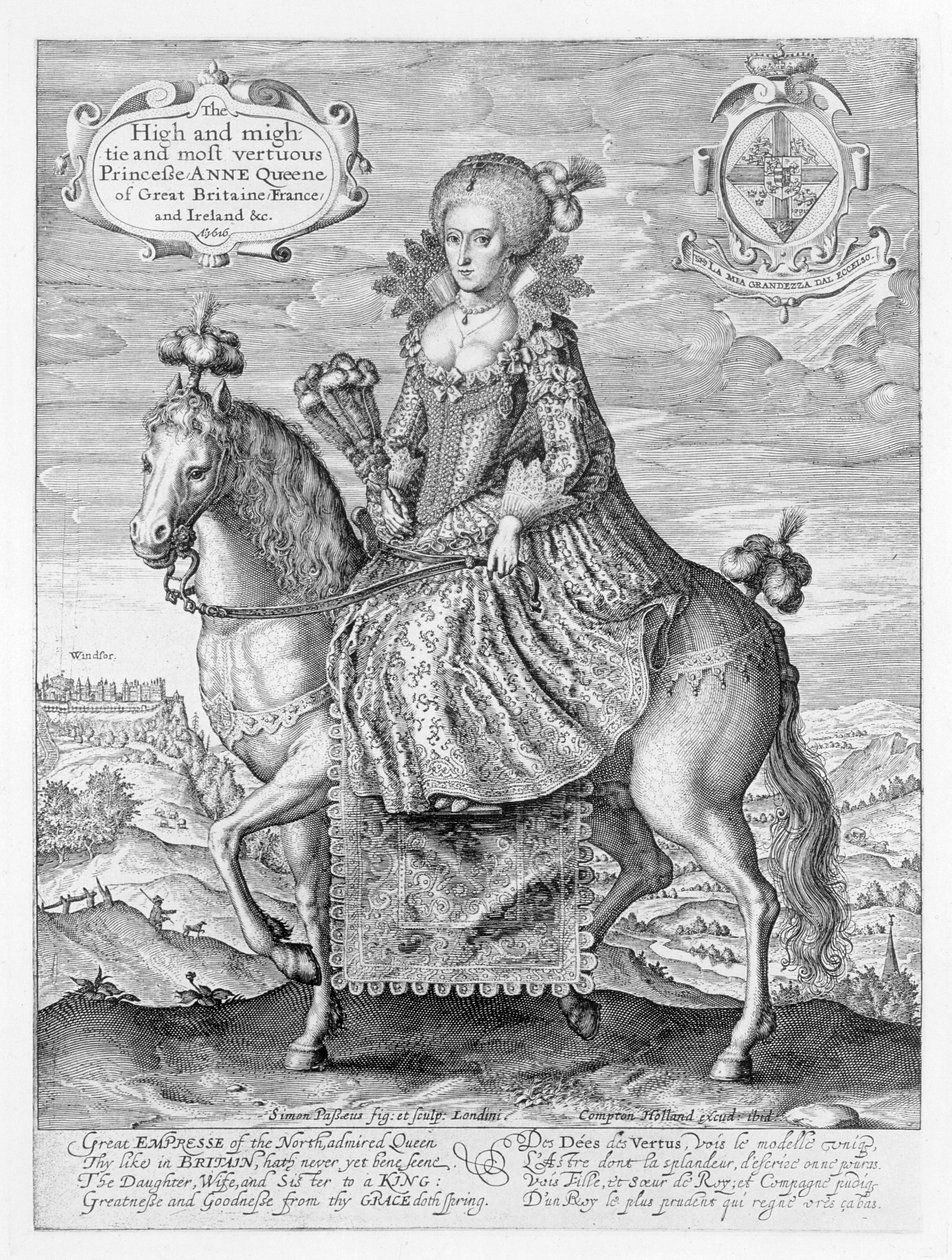 Ruiterportret van Anne van Denemarken (1574-1619) gegraveerd door de kunstenaar, uitgegeven door Compton Holland, 1616 door Simon de Passe