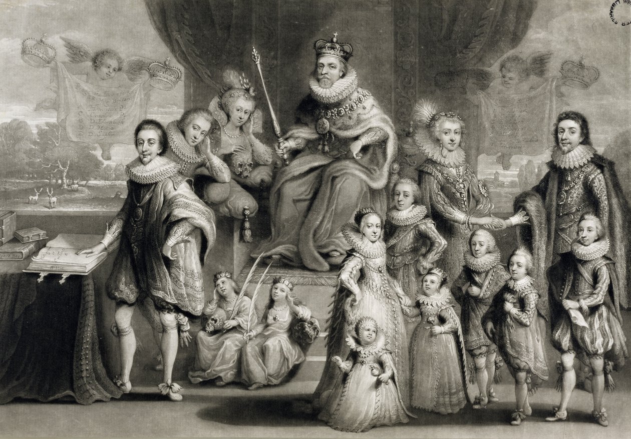 Zijne Majesteit Jacobus I en zijn koninklijke nageslacht samen met de familie van de koning van Bohemen, gegraveerd door Charles Turner, 1814 door Simon de Passe