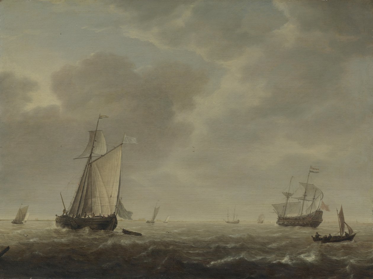 Een Nederlands oorlogsschip en verschillende schepen in een bries, c. 1640 door Simon de Vlieger