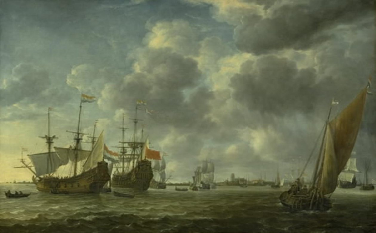 Schepen in de rivier de Maas bij Rotterdam door Simon de Vlieger