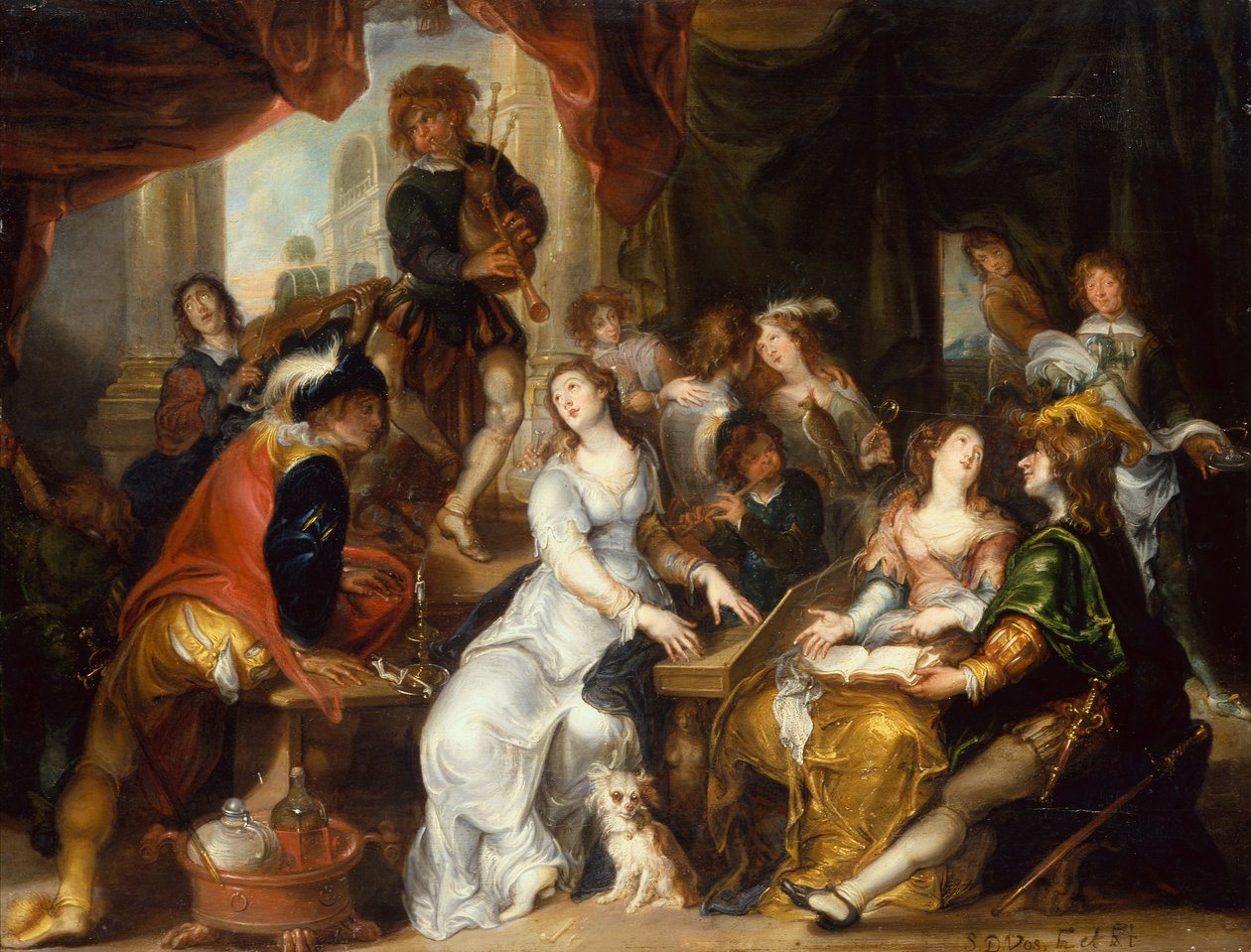 Een Allegorie van de Vijf Zintuigen: Een Vrolijk Gezelschap in een Paleisachtig Interieur door Simon de Vos