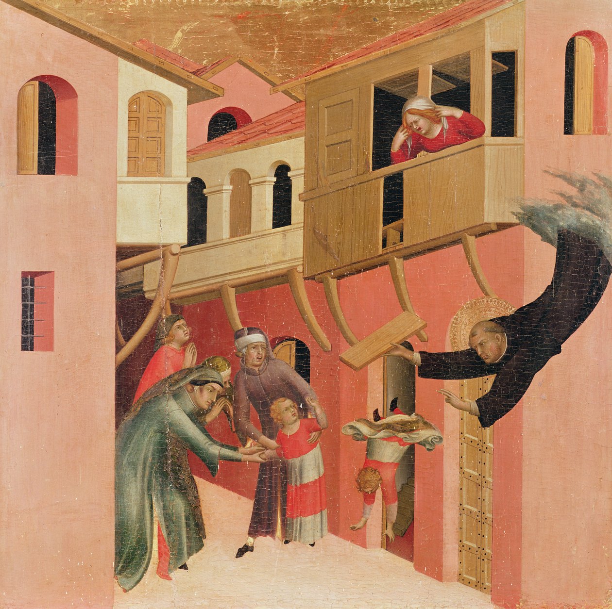 Polyptiek van de Zalige Agostino Novello en vier verhalen uit zijn leven, detail van het linker paneel van Agostino Novello die een baby redt terwijl het van een balkon valt, ca. 1328 door Simone Martini
