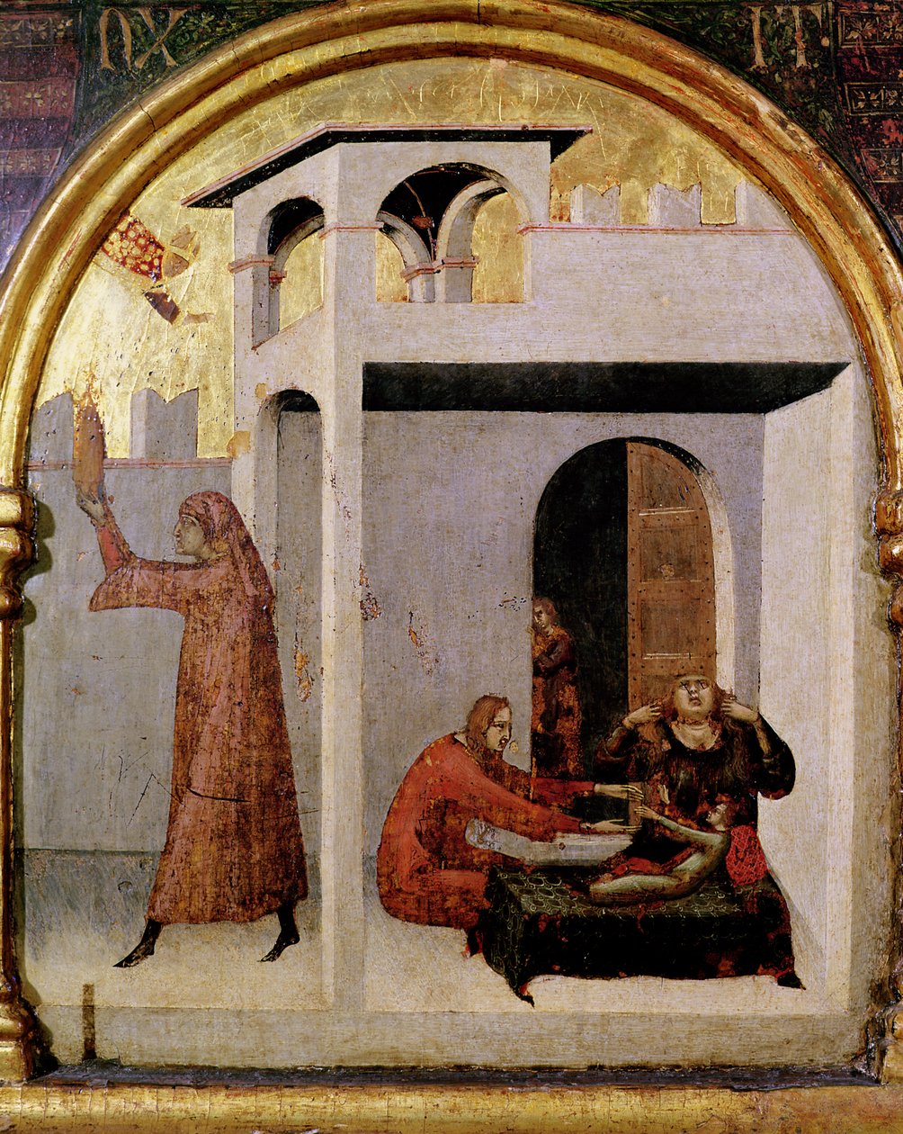 St. Louis van Toulouse (1274-97) verschijnt aan het bed van een ziek kind, predellapaneel van het altaar van St. Louis van Toulouse, 1317 door Simone Martini