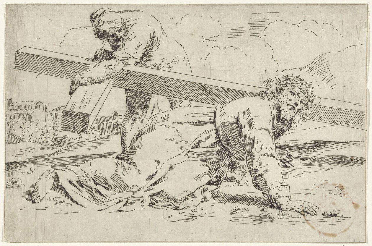 Christus bezwijkt onder het gewicht van het kruis door Simone Cantarini